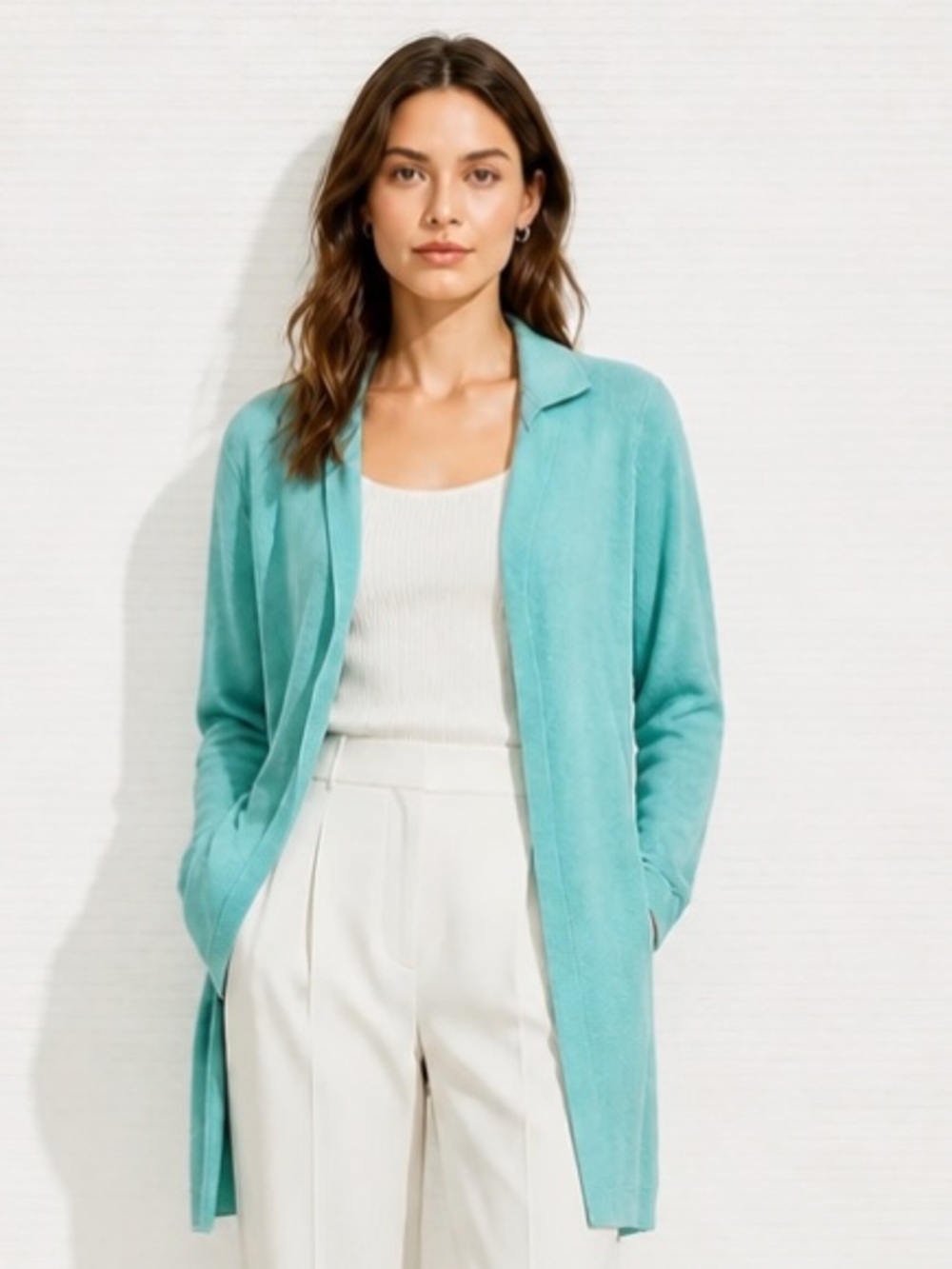 MAGASCHONI Cardigan 100% Cashmere Sweater Open Green Lightweight Collar Long